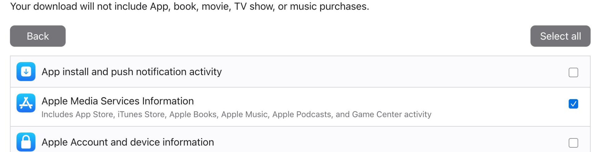 apple privacy page showing the apple media services information checkbox selected