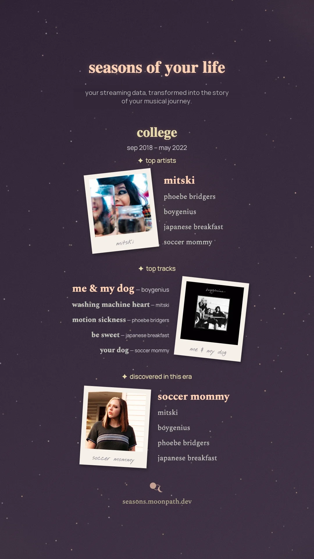 overview share sheet showing top artists, top tracks, and discovered artists for an era